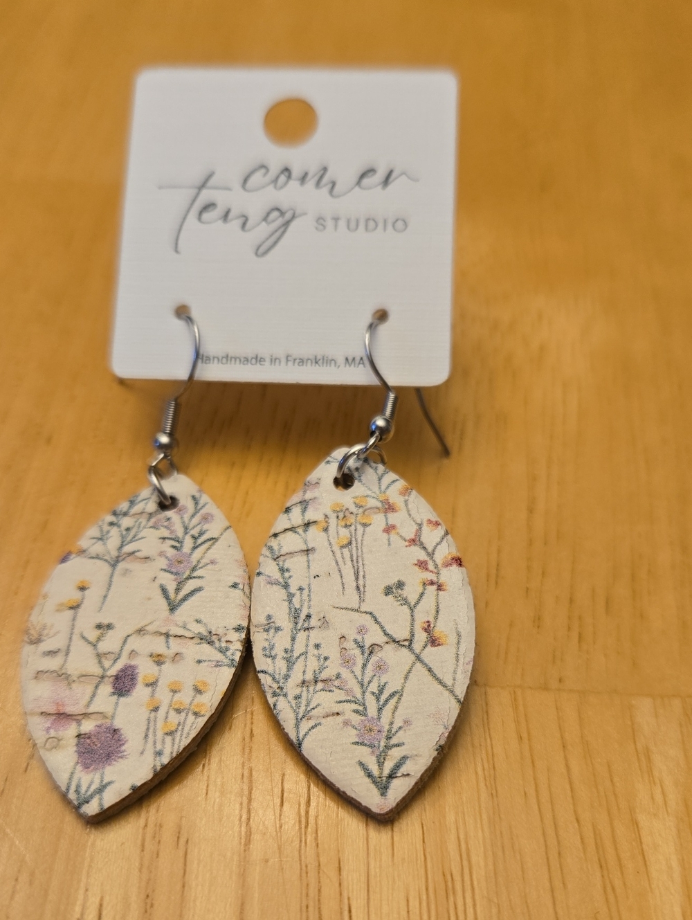 Comer Teng Studio Floral Leather Leaf Earrings - Cream with Pastel Floral Print